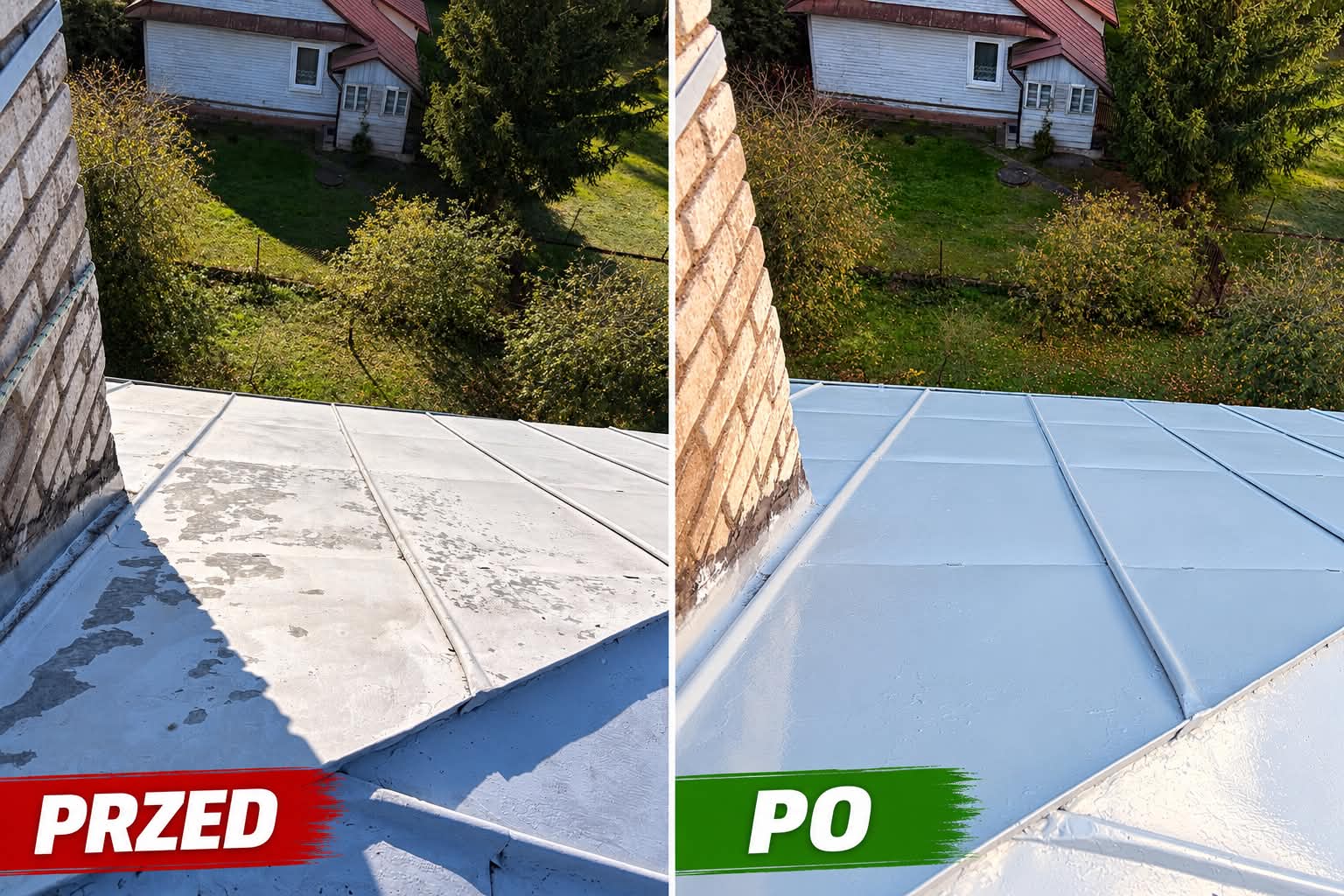 Czyszczenie i odświeżenie dachu z blachy — przed i po